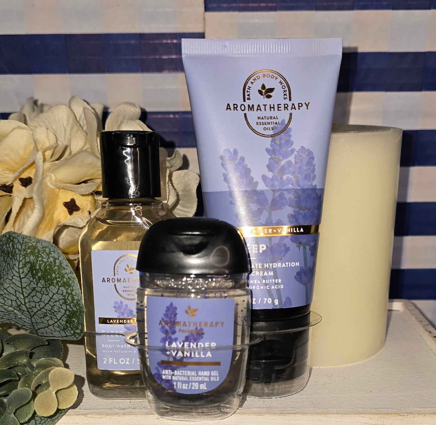New Bath and Body Works Lavender Vanilla 3 Piece Travel Size Gift Set Shower Gel, Sanitizer ad Body Cream