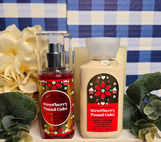 New Bath and Body Works Strawberry Pound Cake 2 Piece Travel Size Gift Set Body Mist and Body Cream