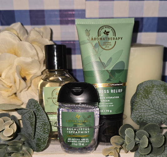 New Bath and Body Works Aromatherapy Stress Relief 3 Piece Travel Size Gift Set Shower Gel, Sanitizer and Body Cream