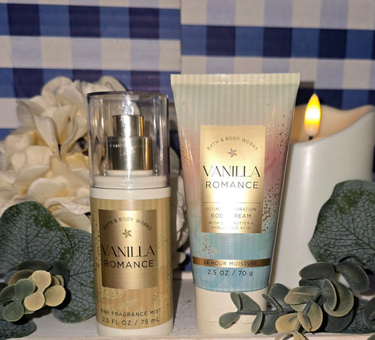 New Bath and Body Works 2 Pc Travel Size Vanilla Romance Body Mist/Body Spray and Body Cream.