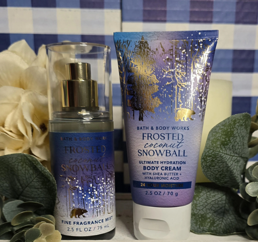 New Bath and Body Works Frosted Coconut Snowball 2 Piece Travel Size Gift Set Body Mist and Body Cream 